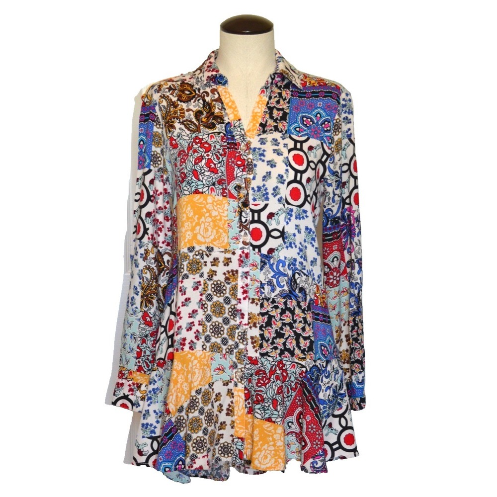 For The Republic Rayon Shirt Women's S Long Sleeve Button Front Patchwork  Flora